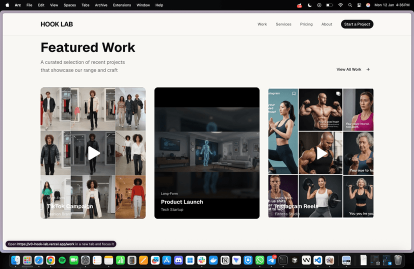 Hook Lab: Video editing agency website screenshot 2