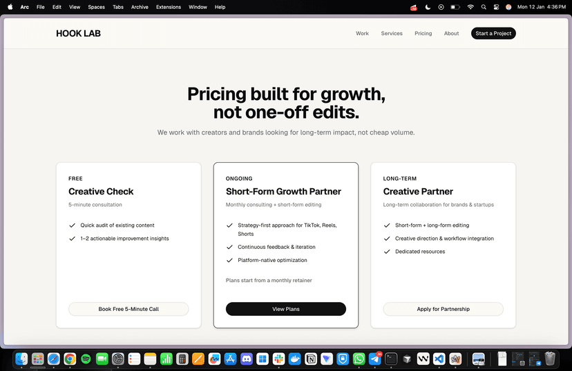 Hook Lab: Video editing agency website screenshot 3
